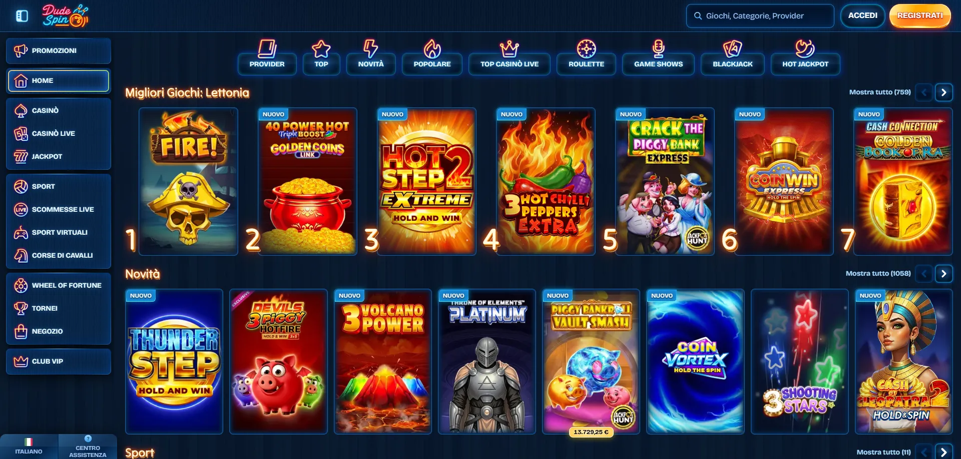 Selezione slot e giochi da tavolo di Dudespin Casino online